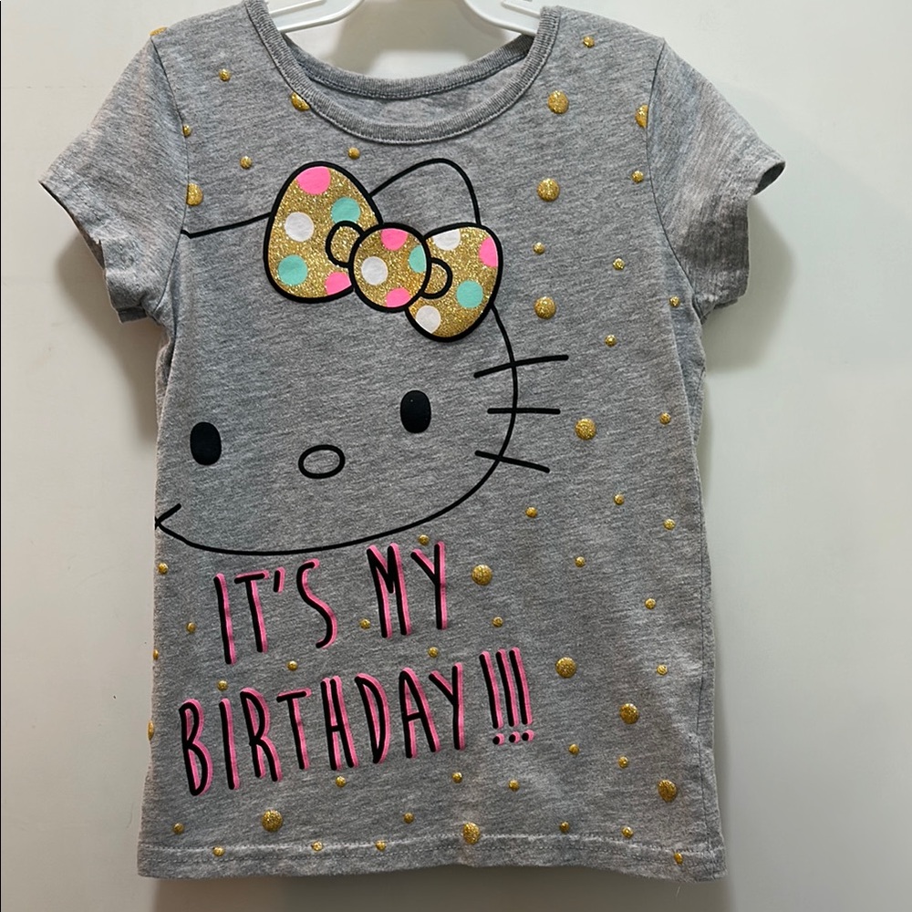 Hello Kitty Gray and Gold Short Sleeve Tee, “It’s my birthday!” Size 5
